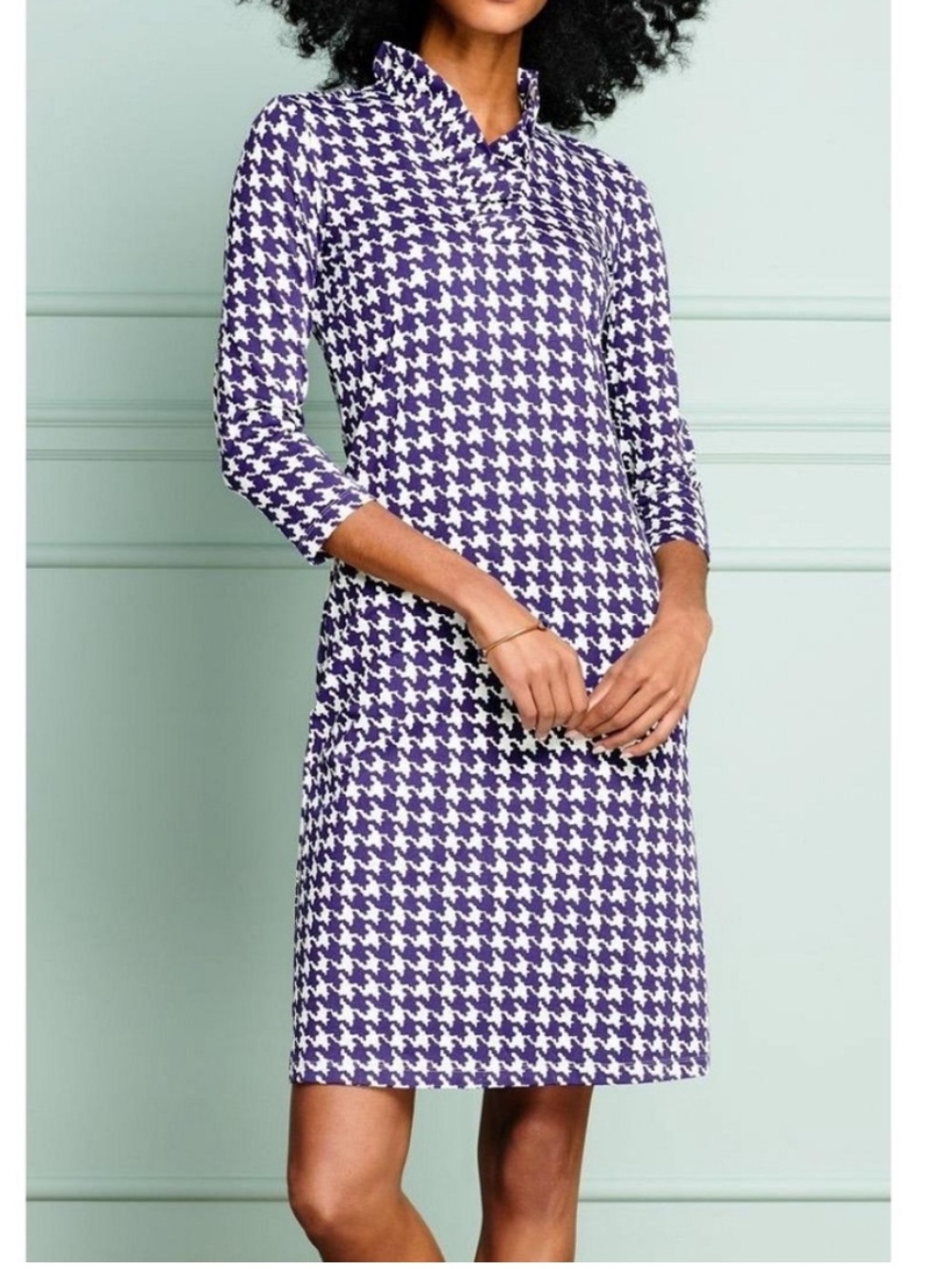 J. McLaughlin Durham Dress XS Navy Cream Houndstooth Ruffle Collar Preppy